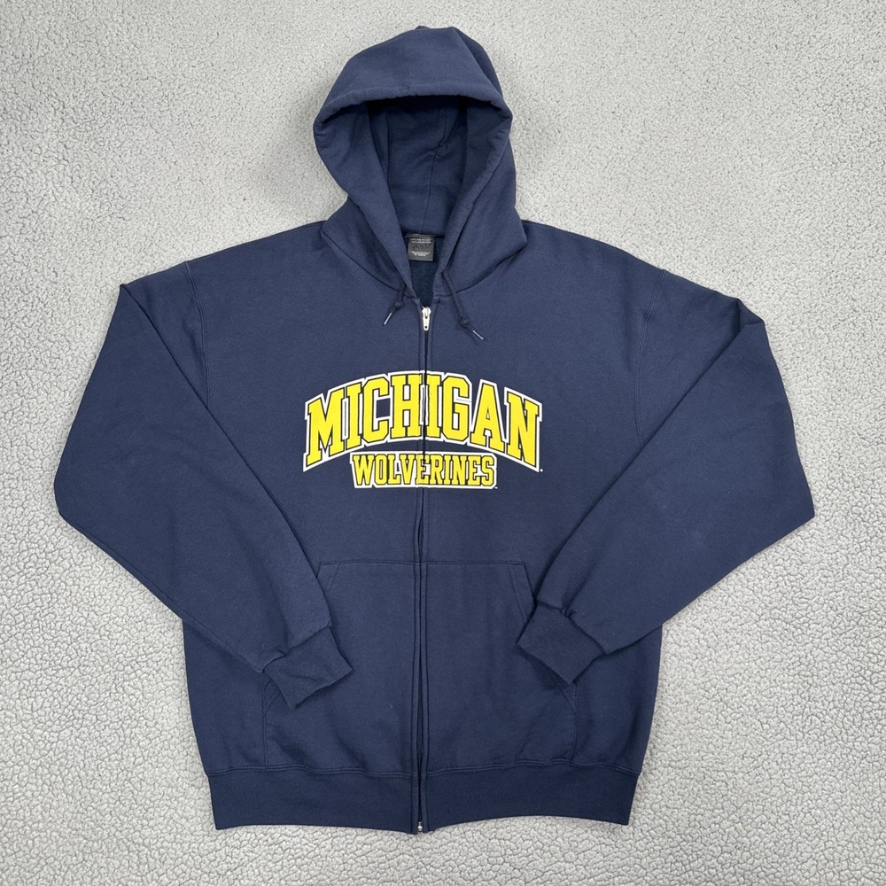 VTG Pro Edge Michigan Wolverines Full Zip Hoodie Men Large Blue Logo Jacket Y2K